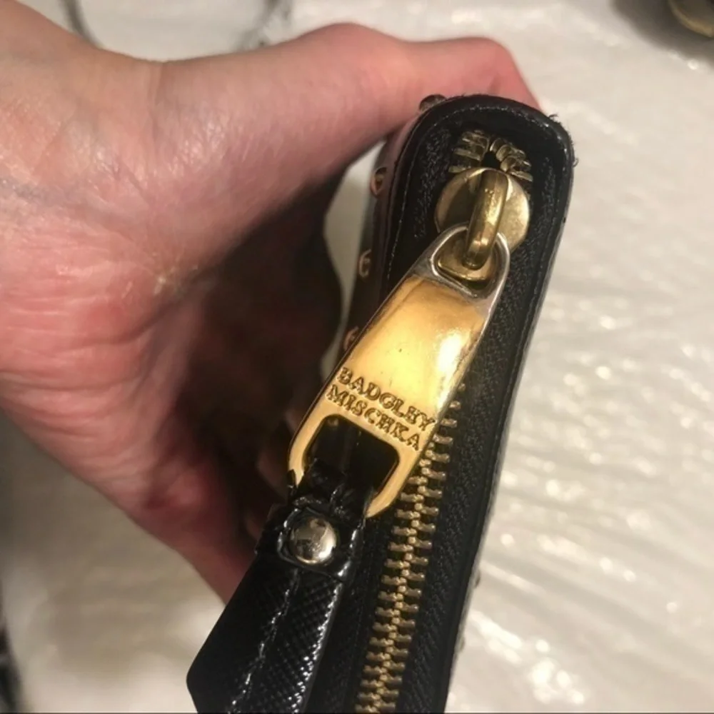 Badgley mischka black studded leather zipper clutch wallet